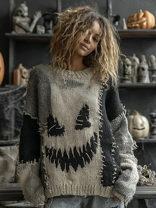 Women's Halloween Spooky Face Stitched Print Sweater