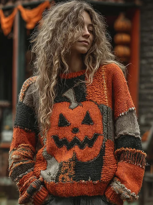 Women's Halloween Pumpkin Face Stitched Print Sweater
