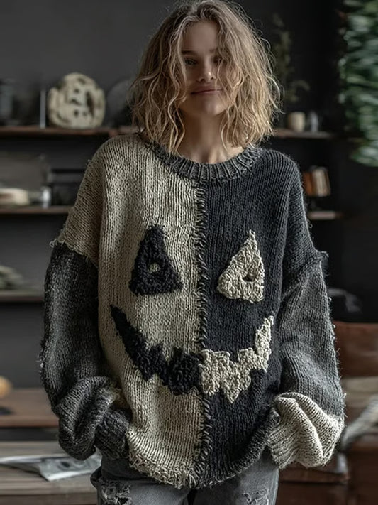 Women's Halloween Spooky Face Stitched Print Sweater