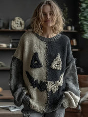 Women's Halloween Spooky Face Stitched Print Sweater