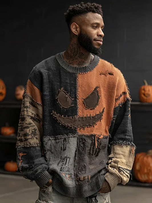 Men's Halloween Spooky Face Stitched Print Sweater