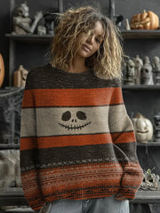 Women's Halloween Spooky Face Stitched Print Sweater