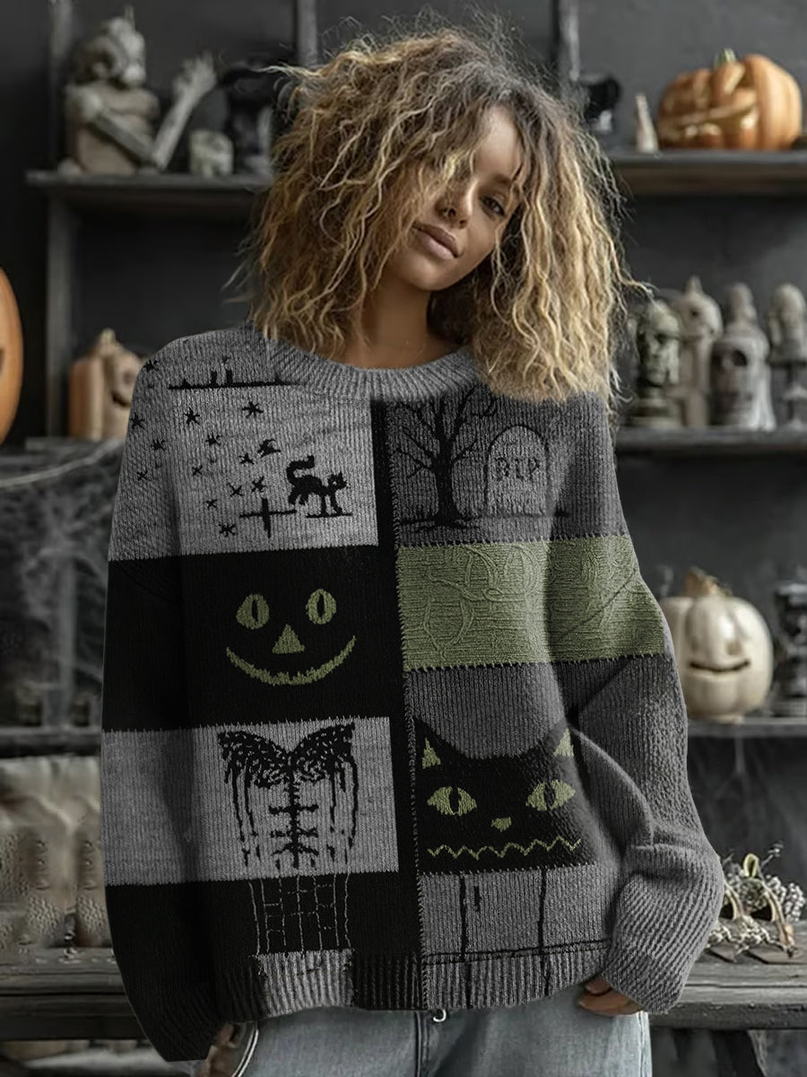 Women's Halloween Cat Face Stitched Print Sweater
