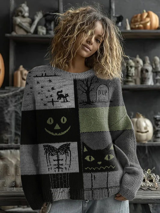 Women's Halloween Cat Face Stitched Print Sweater
