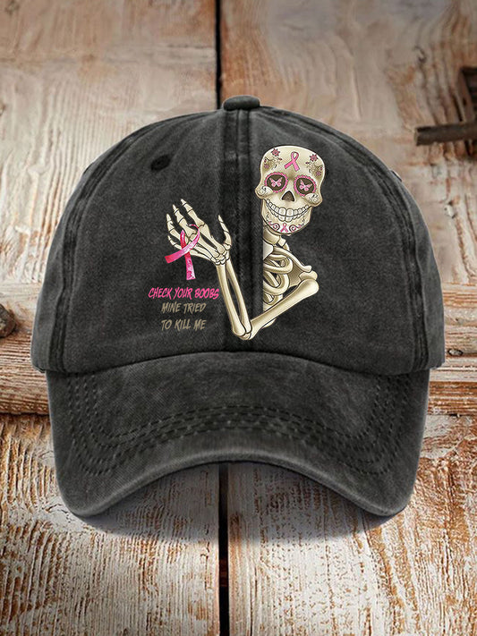 Unisex Funny Breast Cancer Awarenessd Skull Check Your Boobs Mine Tried To Kill Me Print Baseball Cap
