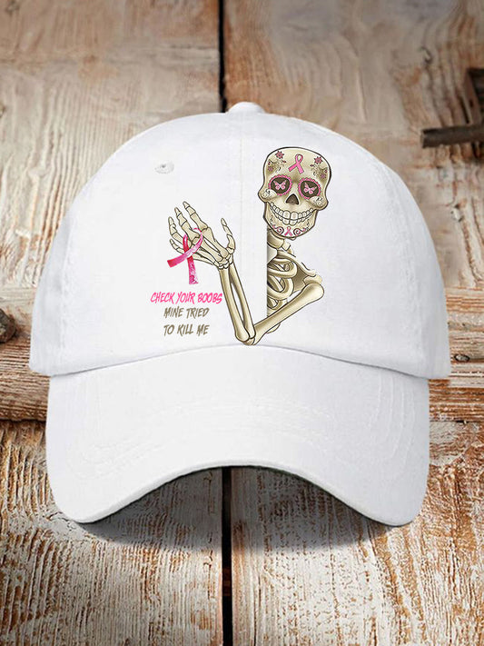 Unisex Funny Breast Cancer Awarenessd Skull Check Your Boobs Mine Tried To Kill Me Print Baseball Cap