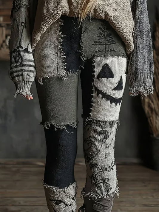 Women's Halloween Spooky Face Stitched Print leggings