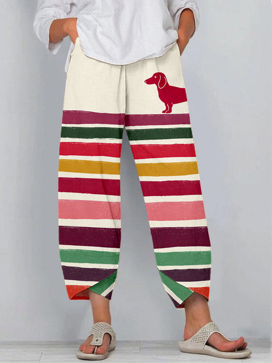 Women's Colorful Dachshund Art Print Linen Pants