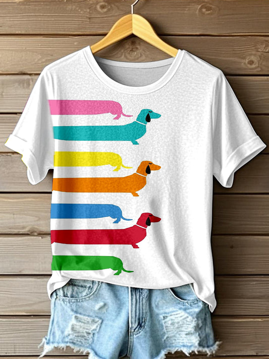 Women's Colorful Dachshund Art Print T-shirt