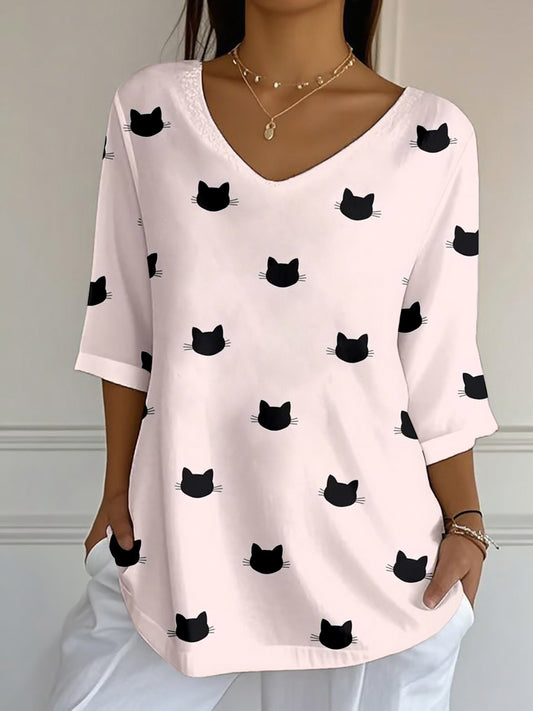 Women's Cute Cat Face Print V-Neck T-Shirt