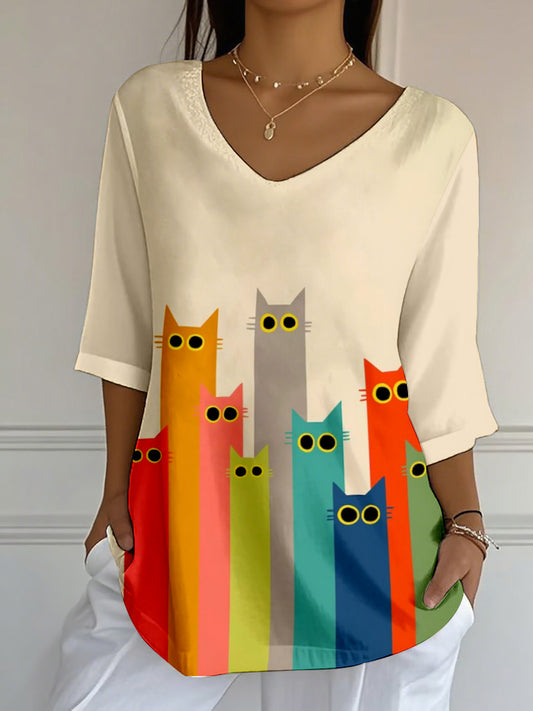 Women's Colorful Cat Print V-Neck T-Shirt