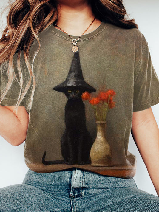 Women's Halloween Black Cat Print Vintage T-shirt