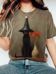 Women's Halloween Black Cat Print Vintage T-shirt