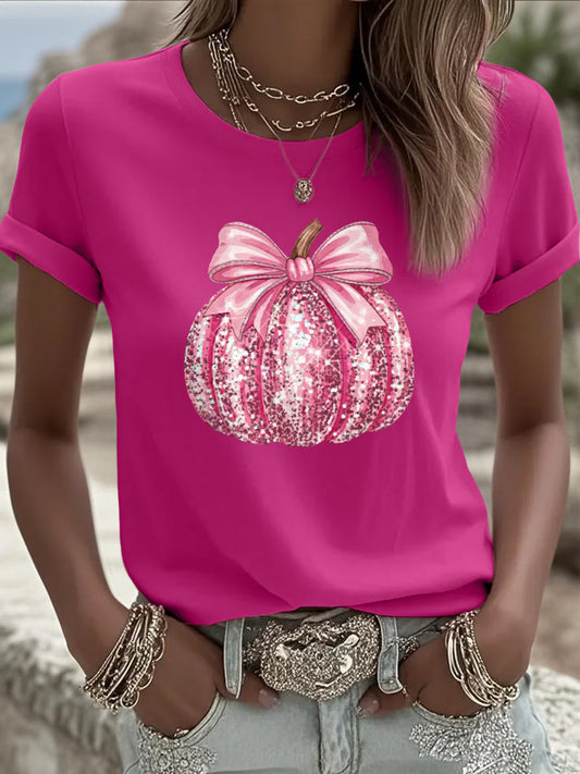 Women's Pink Pumpkin Print Breast Cancer Awareness Support Tee