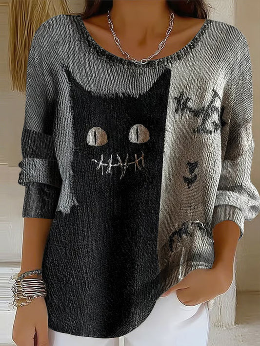 Women's Halloween Black Cat Print Top