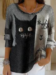 Women's Halloween Black Cat Print Top
