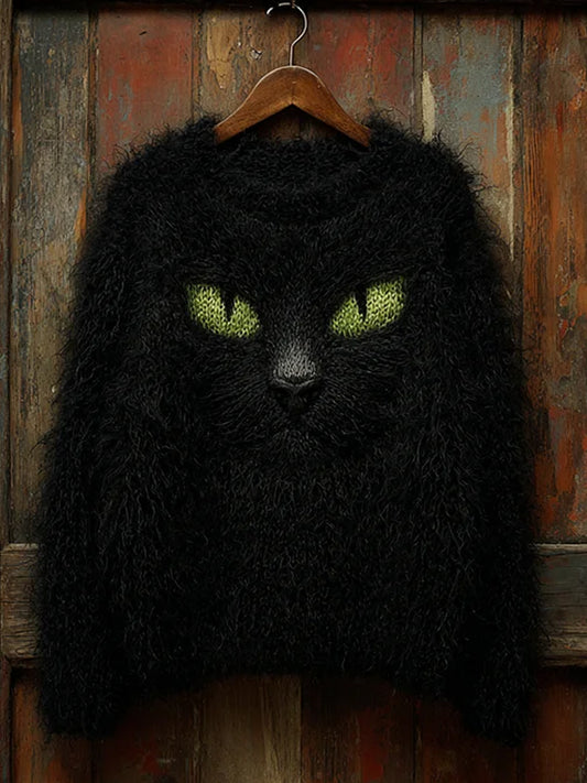 Men's Vintage Hallowee Black Cat Printed Long Sleeve Sweatshirt / Hoodie