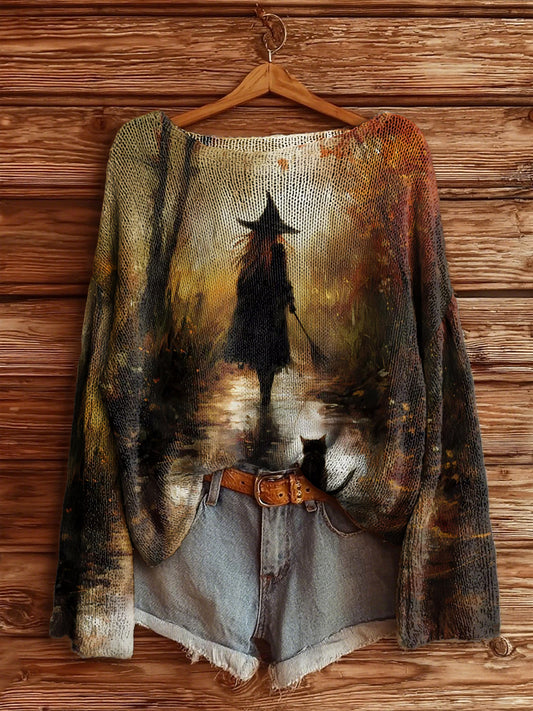 Women's Halloween Witch Long Sleeve Knit Sweater