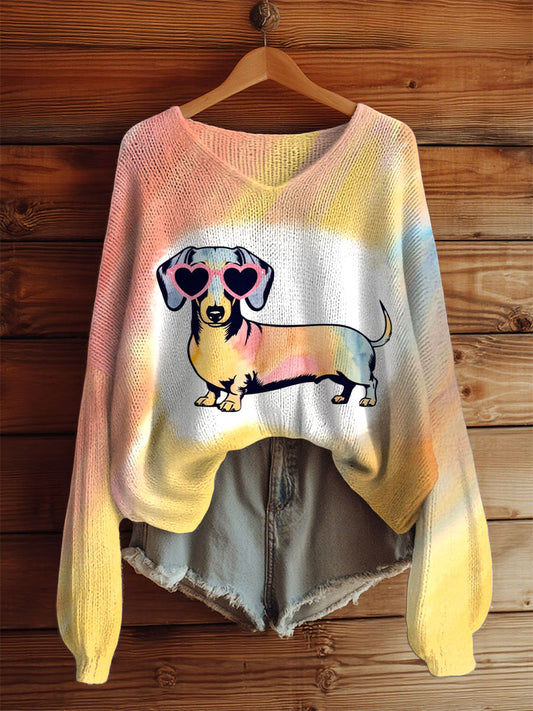 Women's Dachshund V-neck long-sleeved tops