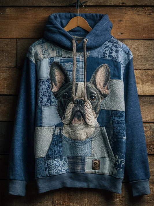 Denim Dog Print Art Casual Hoodie