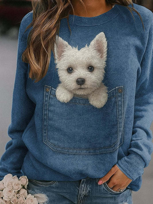 Women's Denim Dog Print Casual Sweatshirt