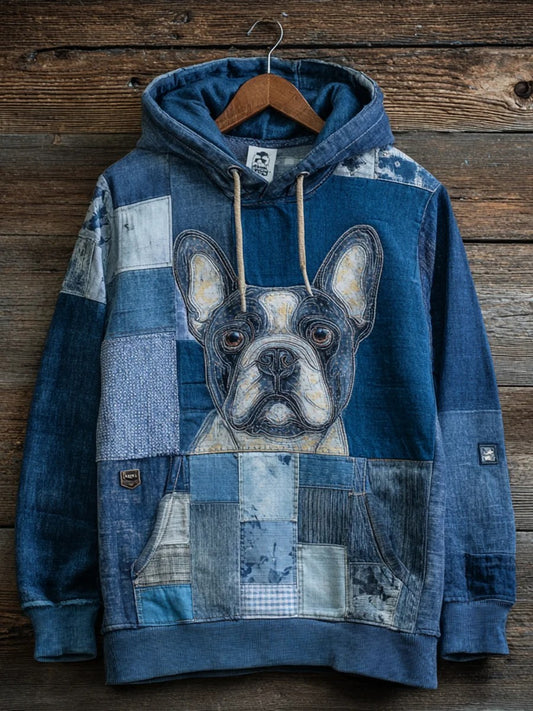 Denim Dog Print Art Casual Hoodie
