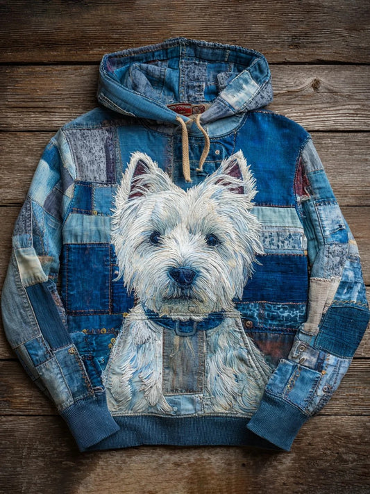 Denim Dog Print Art Casual Hoodie