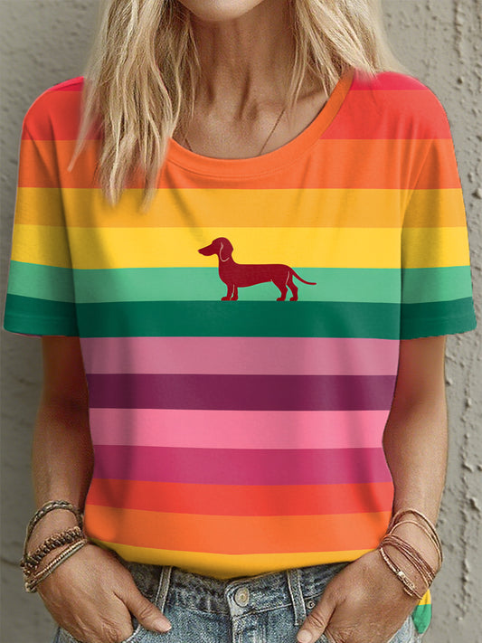 Women's Dachshund Print Colorful Striped T-Shirt