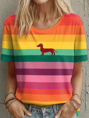 Women's Dachshund Print Colorful Striped T-Shirt