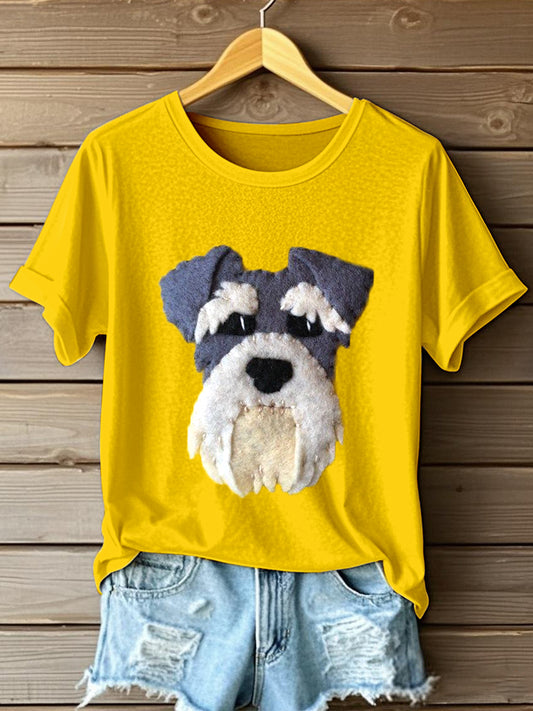 Women's Cute Schnauzer Dog Felt Art T-shirt