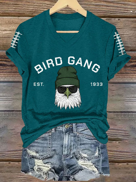 Women's Bird Gang Football Fans Lovers Gameday Casual V-Neck Tee