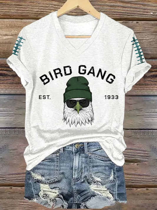 Women's Bird Gang Football Fans Lovers Gameday Casual V-Neck Tee