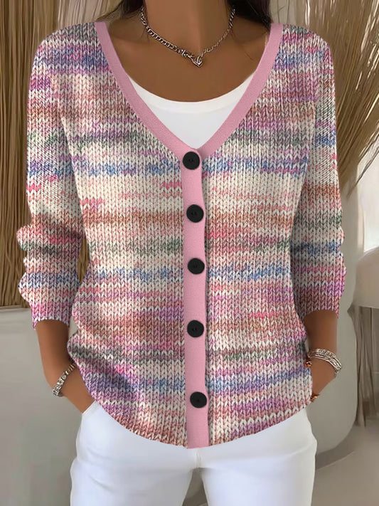 Women's Pink Striped Print Casual Cardigan