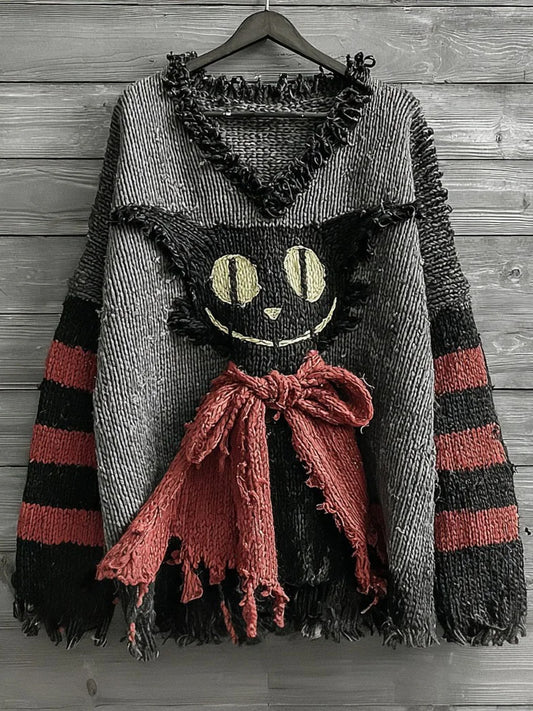 Women's Halloween Caped Black Cat Striped Art  Sweater
