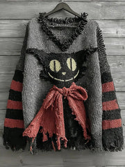 Women's Halloween Caped Black Cat Striped Art  Sweater