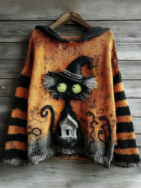 Women's Halloween Cute Witch Cats And Castle  Art Crew Neck Sweater