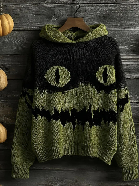 Women's Halloween Horror Smiley Face  Art Crew Neck Sweater