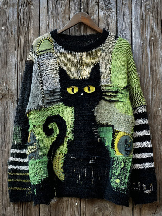 Women's Halloween Black Cat Knitted Sweater
