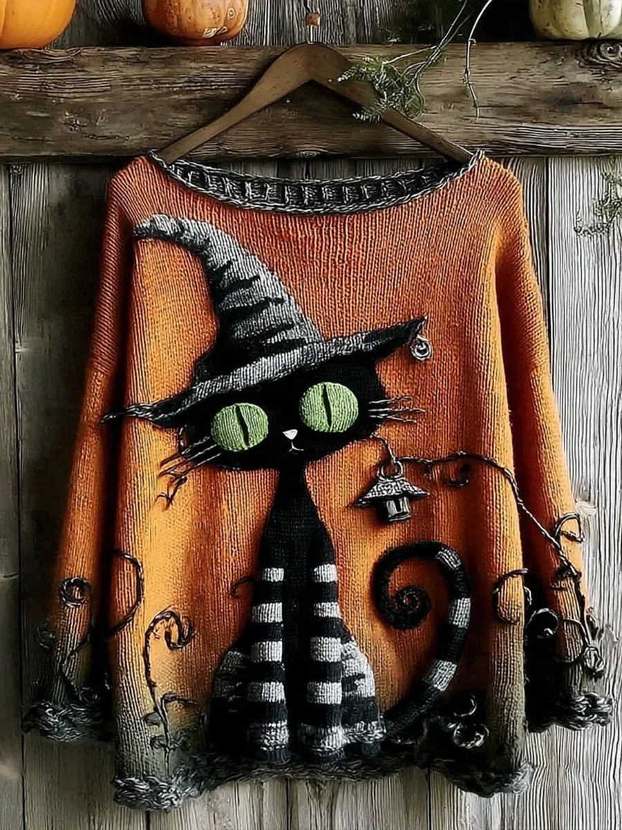 Women's Halloween Cute Witch Cats Art Crew Neck Sweater
