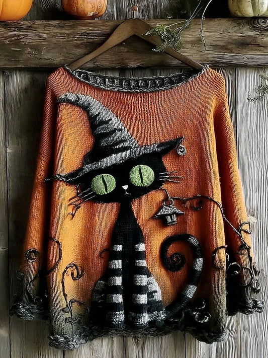 Women's Halloween Cute Witch Cats Art Crew Neck Sweater