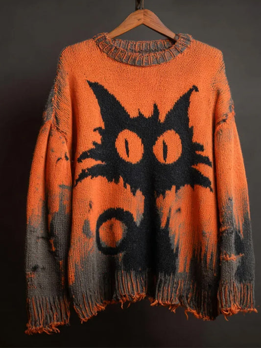 Women's Halloween Cute Witch Cats Art Crew Neck Sweater