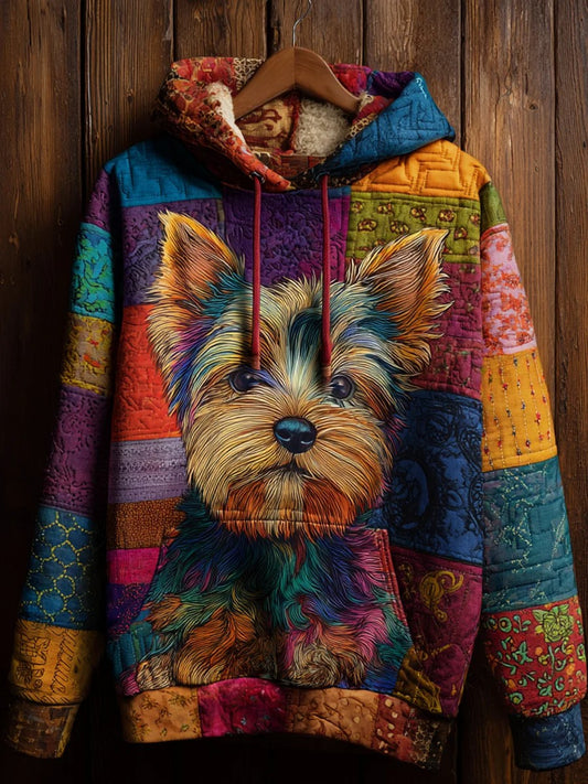 Vintage Patchwork Dog Print Art Casual Hoodie