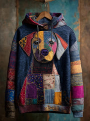 Vintage Patchwork Dog Print Art Casual Hoodie