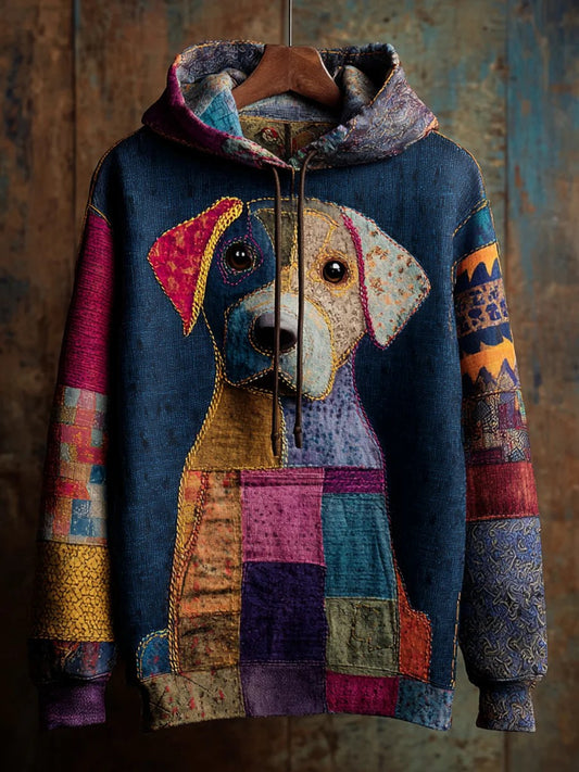 Vintage Patchwork Dog Print Art Casual Hoodie