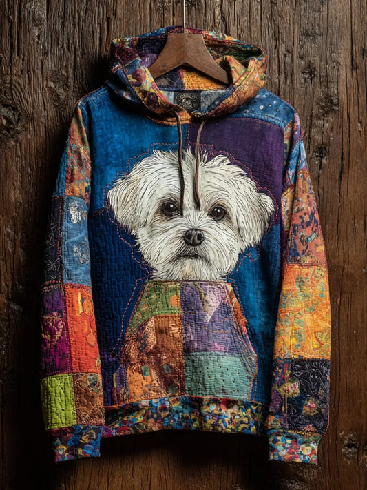 Vintage Patchwork Dog Print Art Casual Hoodie