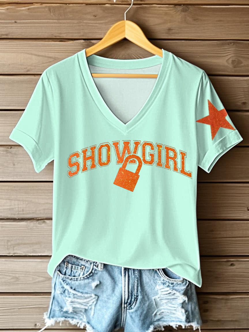 Women's The Life of A Show Girl Fan Printed V-neck T-shirt