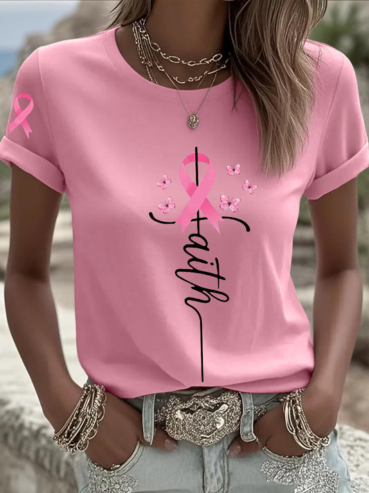 Women's Breast Cancer Awareness Pink Ribbon Faith Short Sleeve  T-shirt