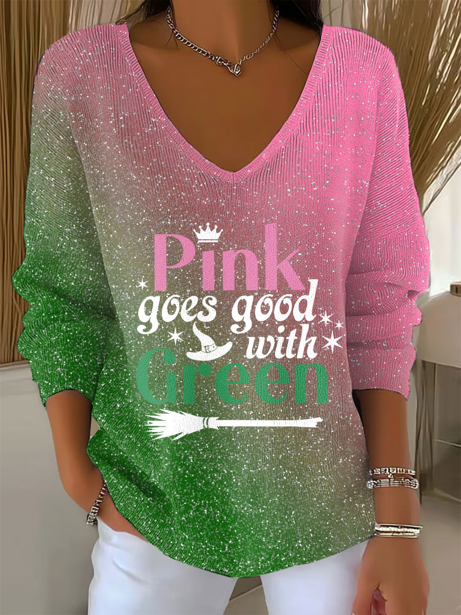 Women's "Pink goes good with green" printed V-neck top