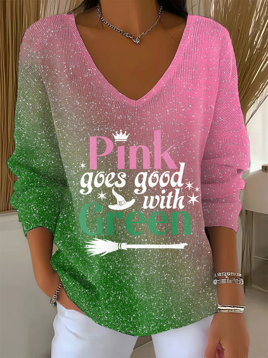 Women's "Pink goes good with green" printed V-neck top