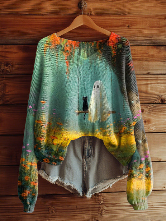 Women's  Vintage Halloween Cute Ghost And Cat Printed V-Neck  Casual Loose Long Sleeve Top